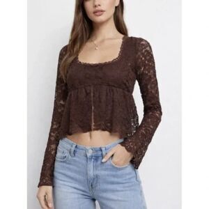 La Peche Chocolate Brown Lace Crop Top Long Sleeve size Large